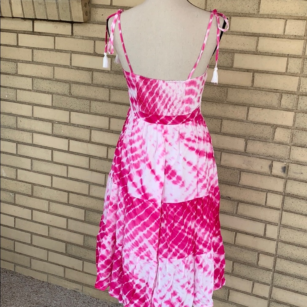 ❌DONATED❌Fuchsia Pink Tie Dye V-neck Lined Tie Shoulders Midi Dress - Picture 5 of 11